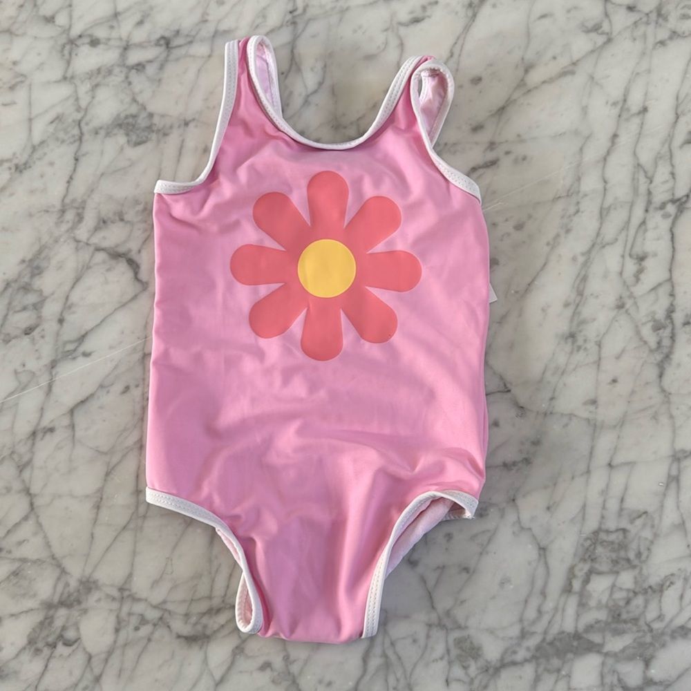 NWT Pink Flower 70’s Style Toddler girls swim size 12-18 Mo
